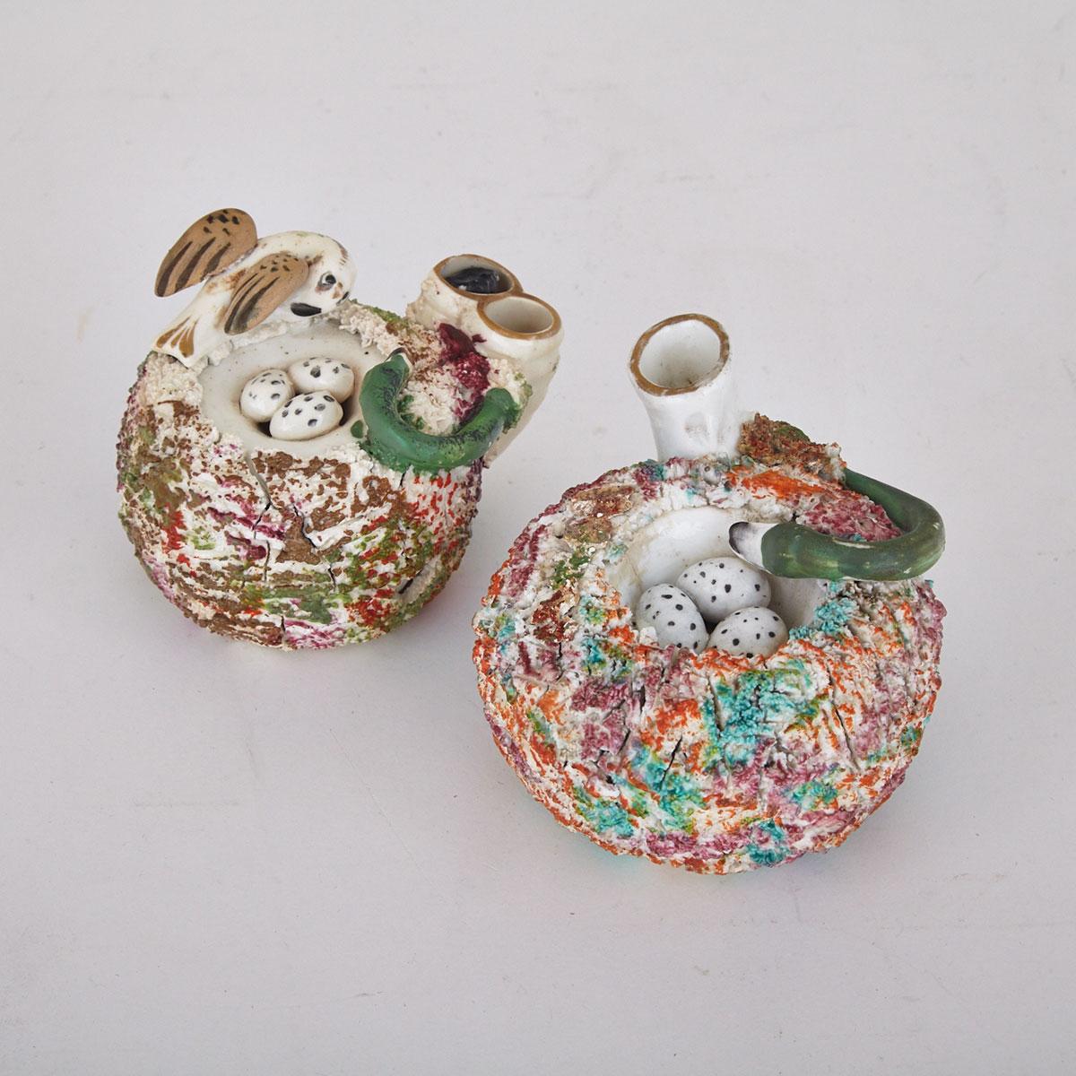 Two Staffordshire Bird’s Nest and Snake Inkwells, 19th Century