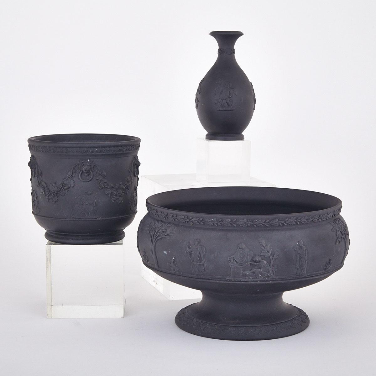 Wedgwood Black Basalt Footed Bowl, Cachepot and a Small Vase, 19th/20th century