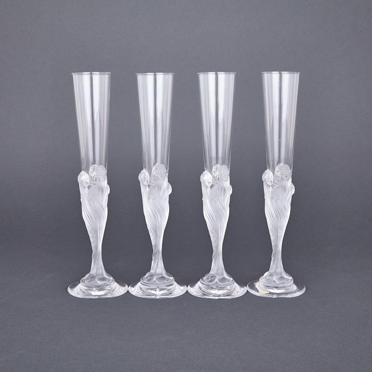 Four Erte ‘Majestique’ Glass Champagne Flutes, 20th century