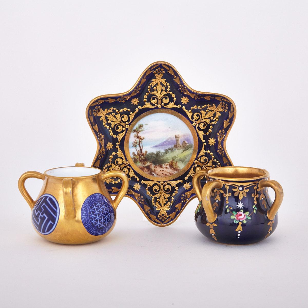 Two Coalport Miniature Cauldrons and a Tray, 1880s