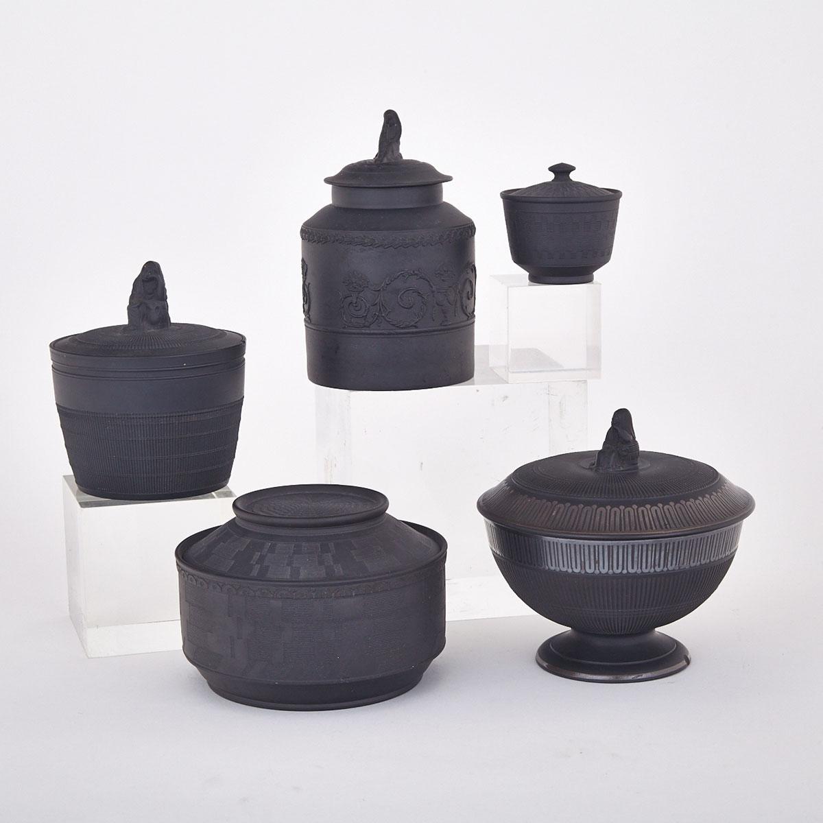 Five Various English Black Basalt Covered Jars, late 18th/early 19th century