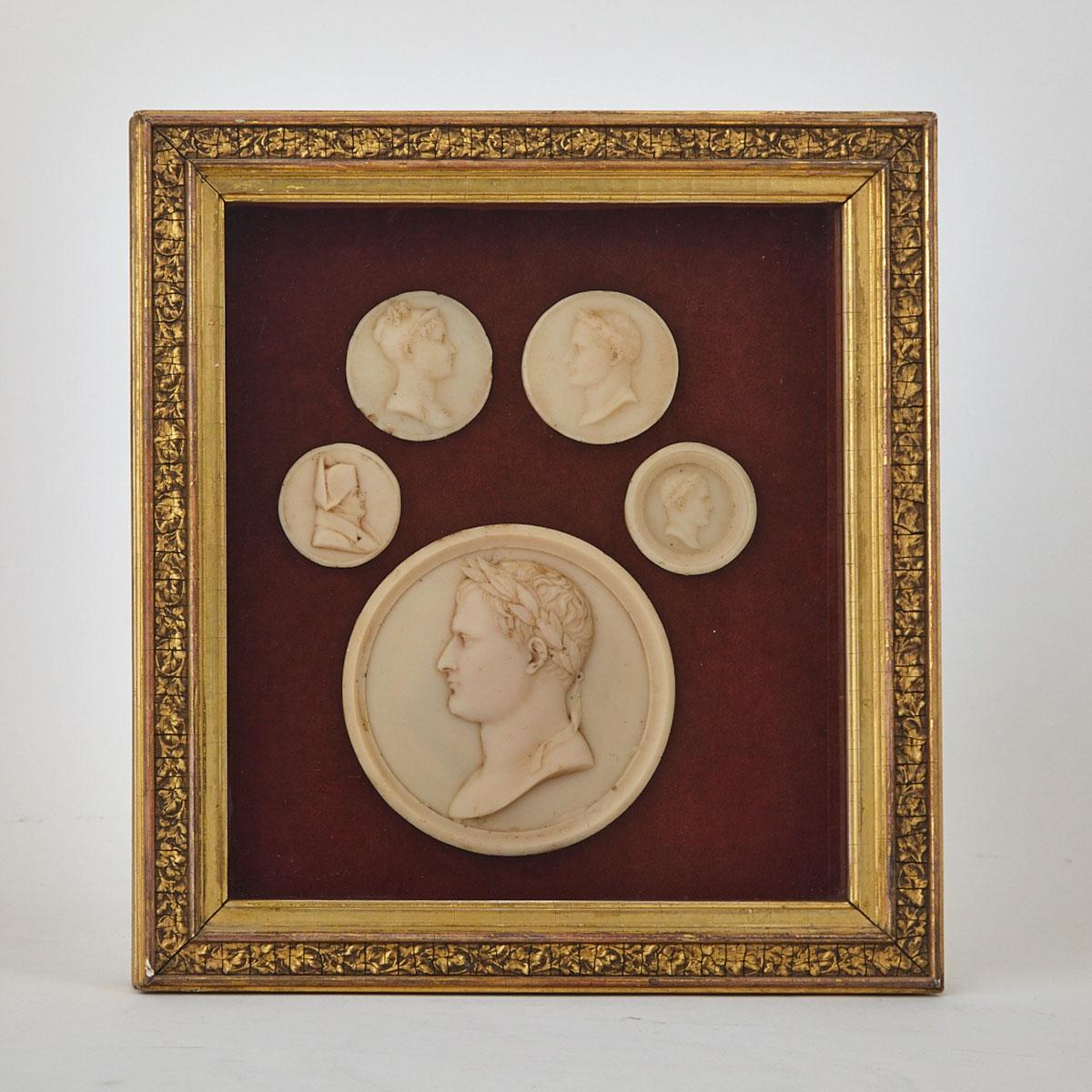 Set of Five Wax Portrait Medallions of Napoleon I and Marie-Louise of Austria, 19th century
