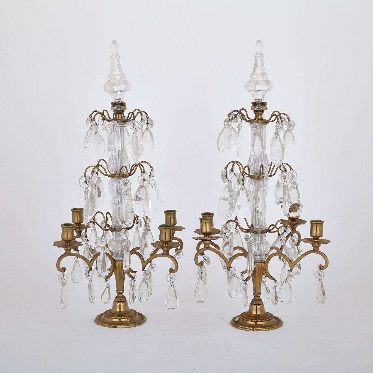 Pair of French Gilt Brass and Cut Glass Four-Light Lustre Candelabra, 19th/early 20th century