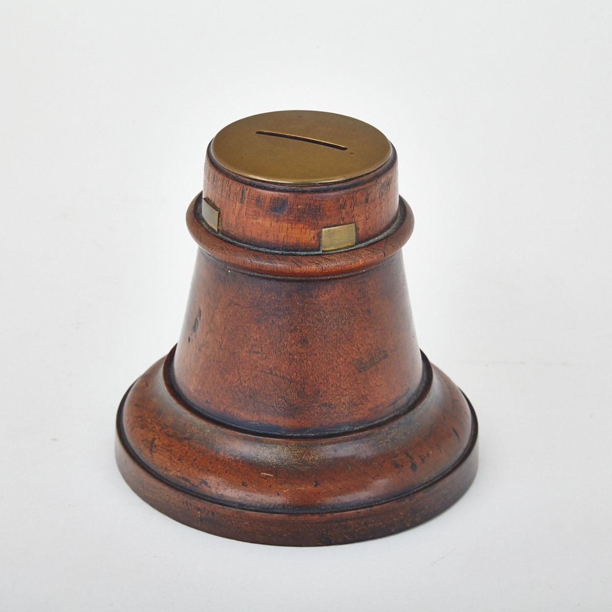 English Turned Walnut Bell Form Coin Bank, 19th century