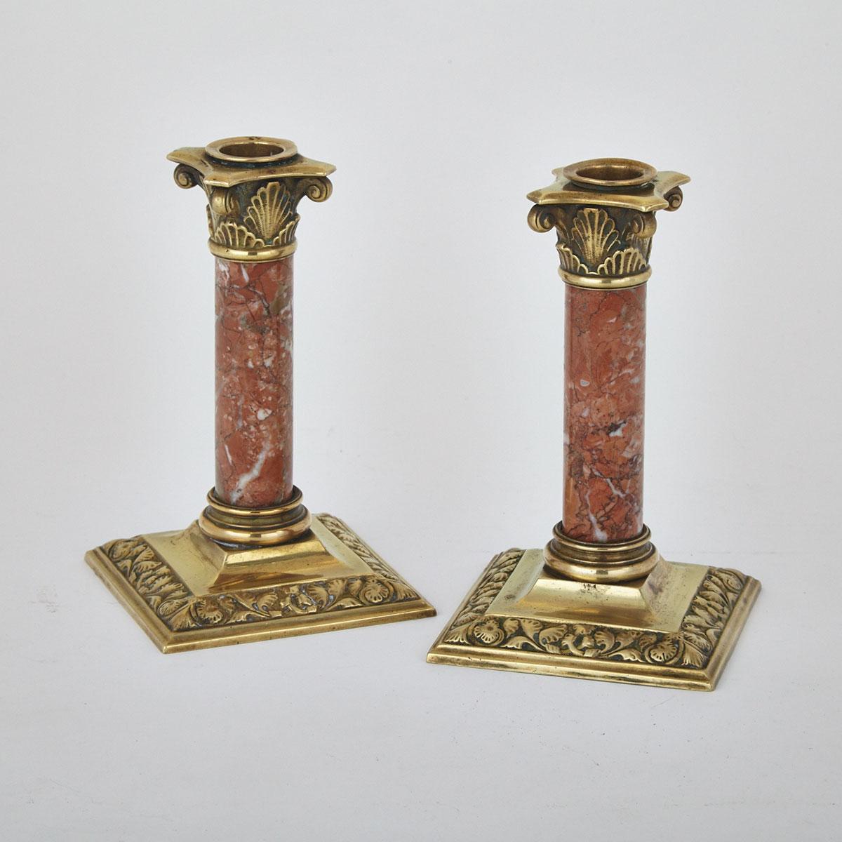 Pair of Italian Brass and Marble Column Form Candlesticks, 19th/early 20th century