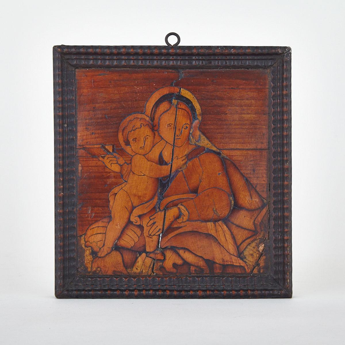 Continental Marquetry Picture of the Virgin and Child, Late 18th/early 19th century