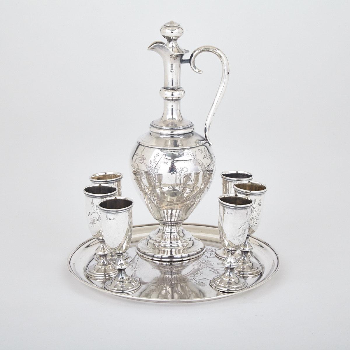 Latvian Silver Decanter with Six Goblets and Tray, early 20th century