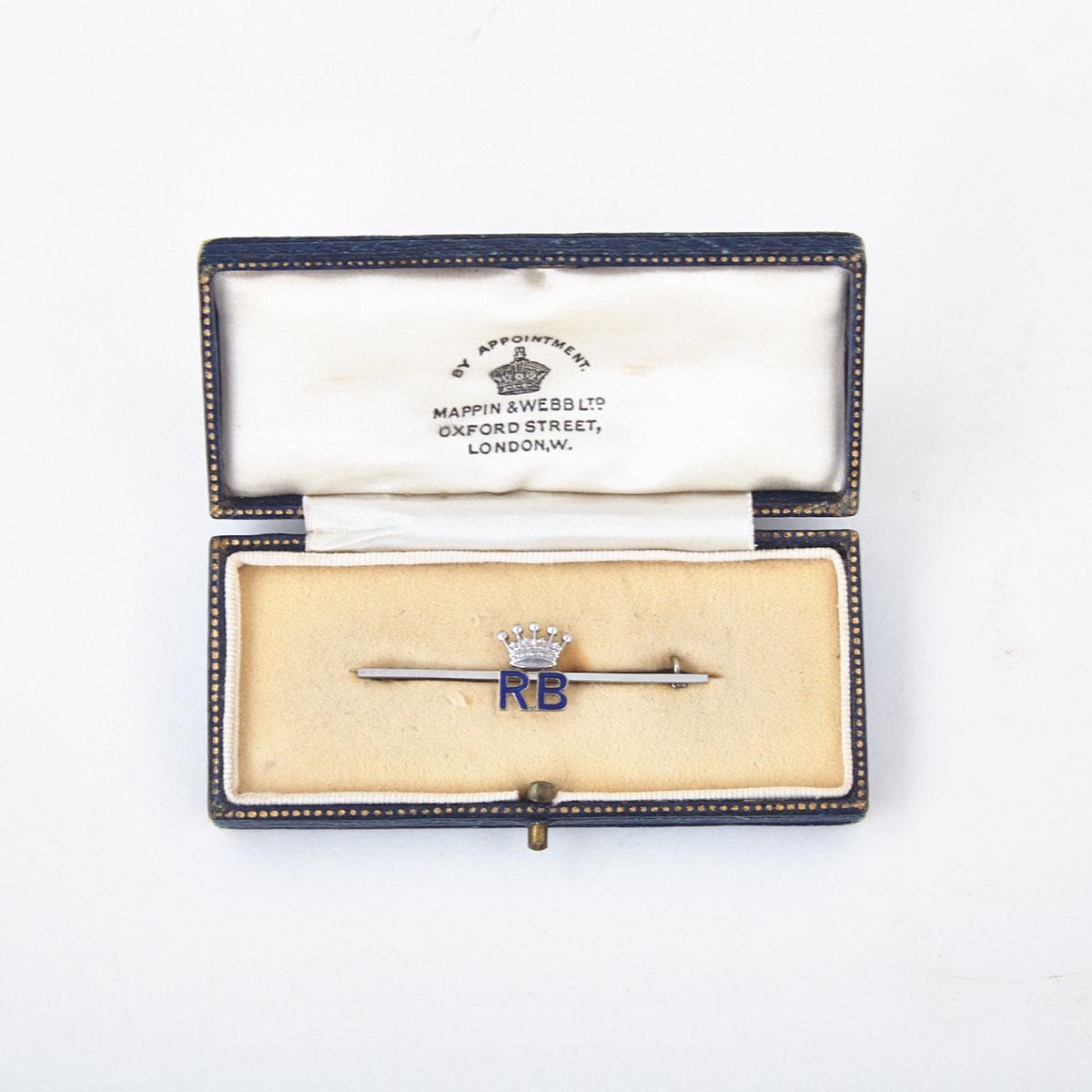Gold and Platinum Stick Pin Monogrammed RB for Roberte Ponsonby, Countess of Bessborough, early-mid 20th century