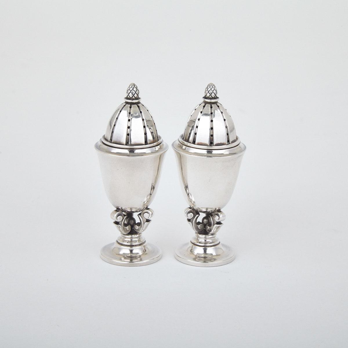 Pair of Danish Silver ‘Acorn’ Pattern Salt and Pepper Casters, #741, Johan Rohde for  Georg Jensen, Copenhagen, c.1933-44