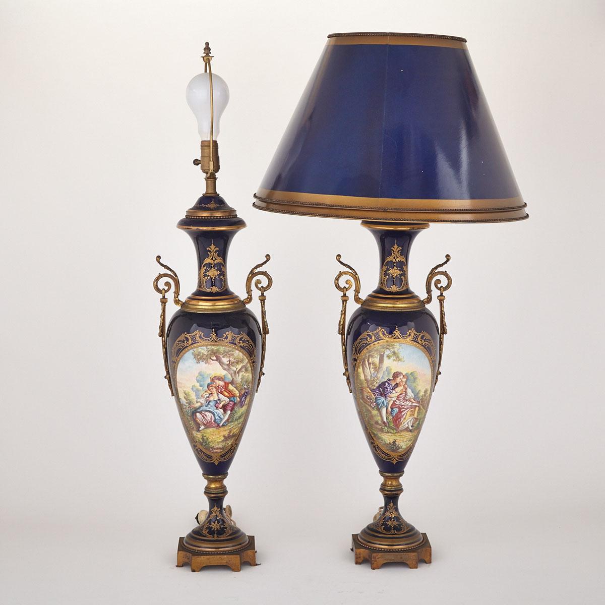 Pair of Gilt Bronze Mounted Blue Ground ‘Sèvres’ Table Lamps, 20th century