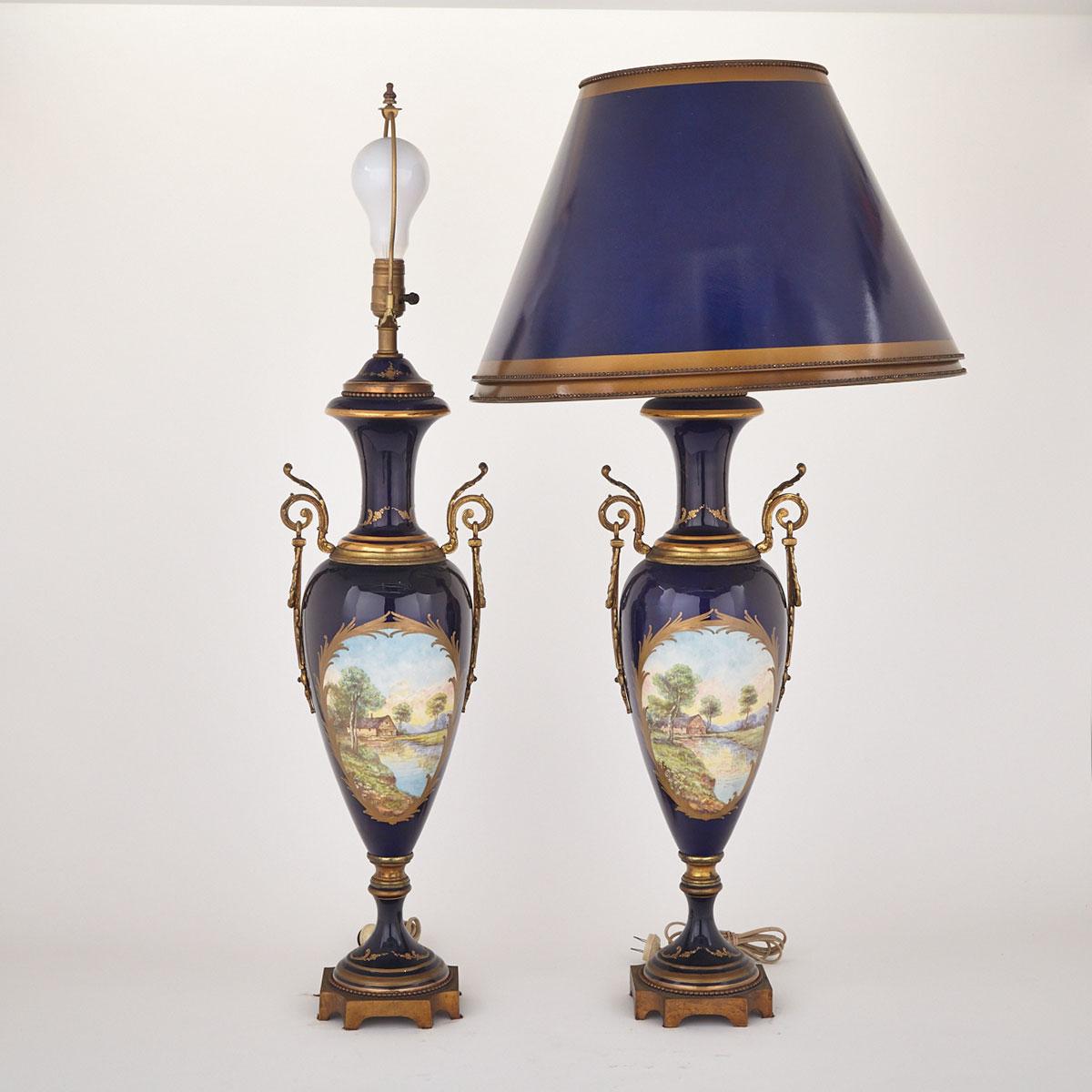 Pair of Gilt Bronze Mounted Blue Ground ‘Sèvres’ Table Lamps, 20th century