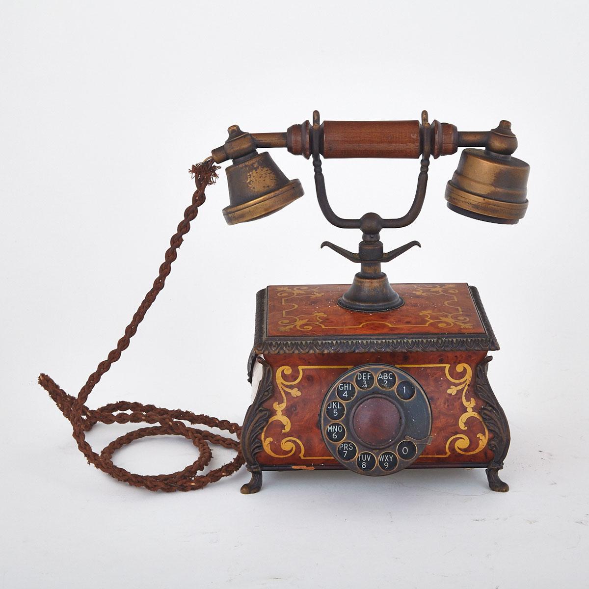 Continental Brass Inlaid Burl Walnut Cradle Telephone, mid 20th century