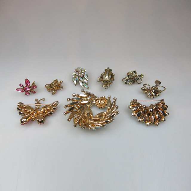 Three Sherman Gold Tone Metal Brooches And Clip Earrings  