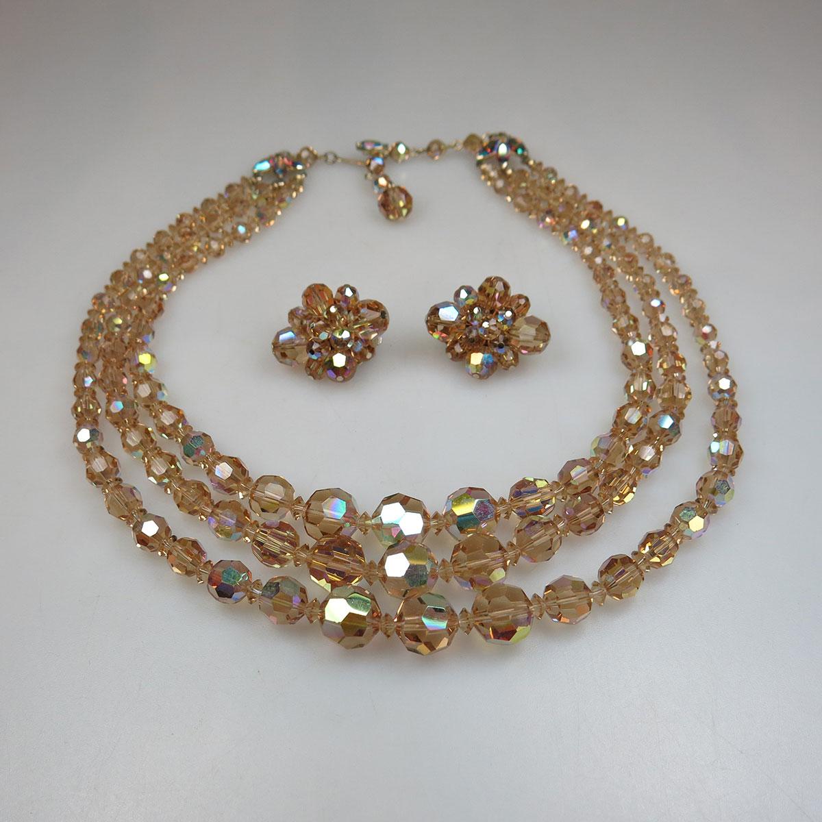Sherman Triple Strand Golden Rhinestone Necklace And Clip Earrings