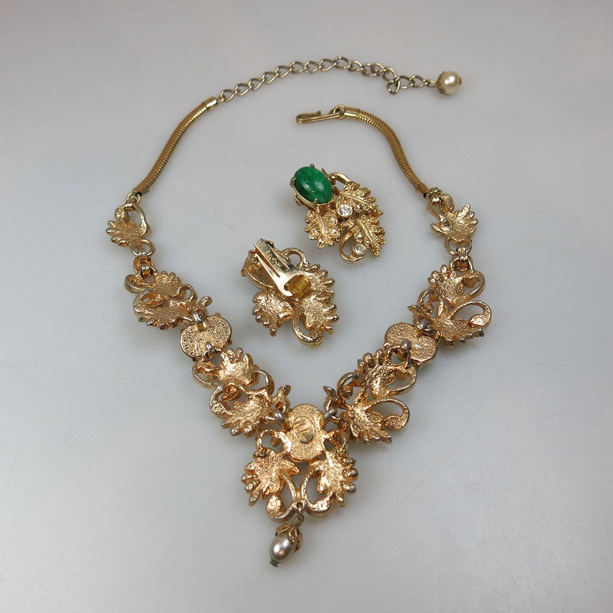 Hobé Gold Tone Metal Necklace And Clip Earrings