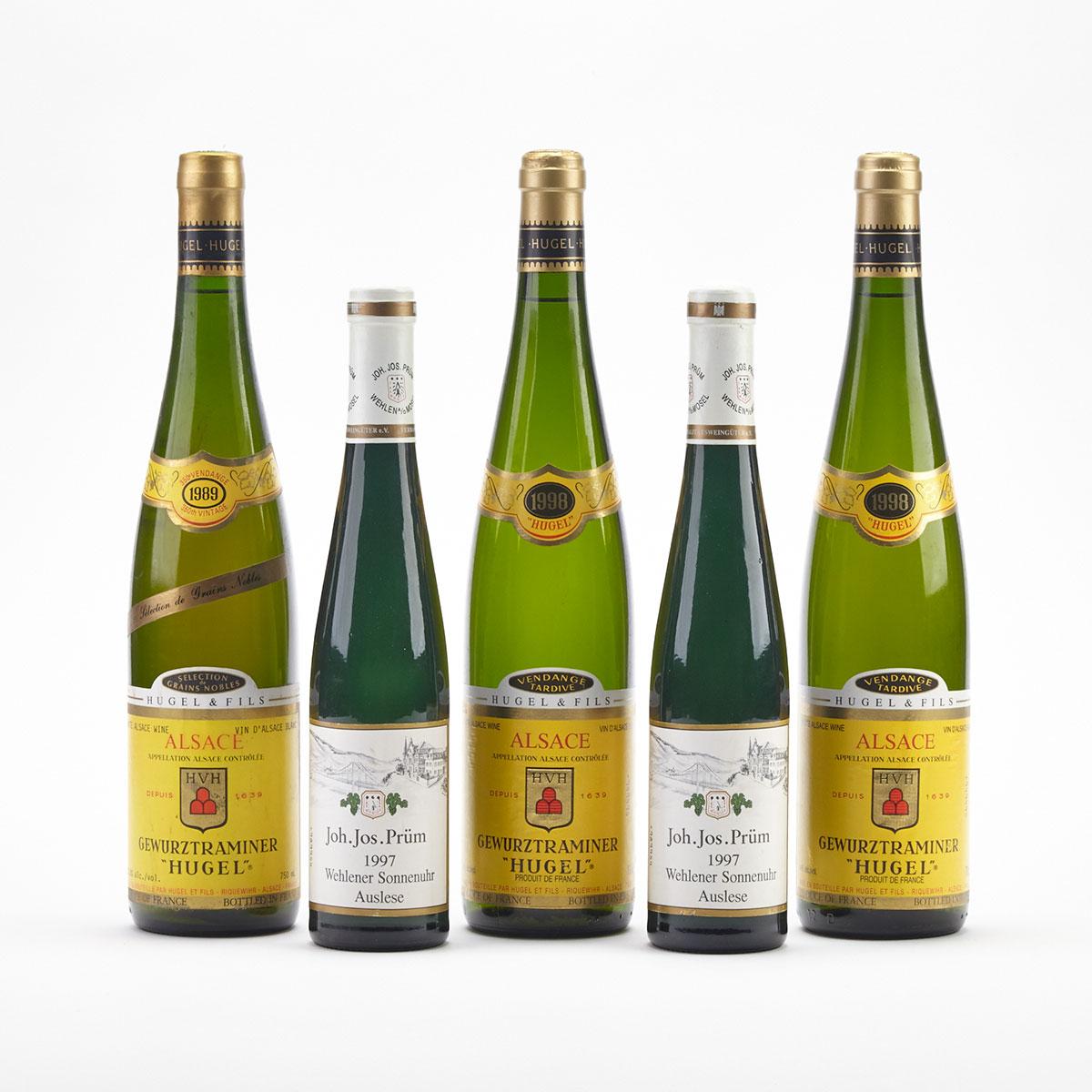 1989 Hugel Gewurztraminer Selection Grains Nobles (1- 750 ml); 1997 J.J Prum Wehlener Sonnenuhr Auslese Riesling (2 - 375 ml); 1998 Hugel Gewurztraminer Vendanges Tardives (2- 750 ml); Alsace, France & Germany 5 Bottles          