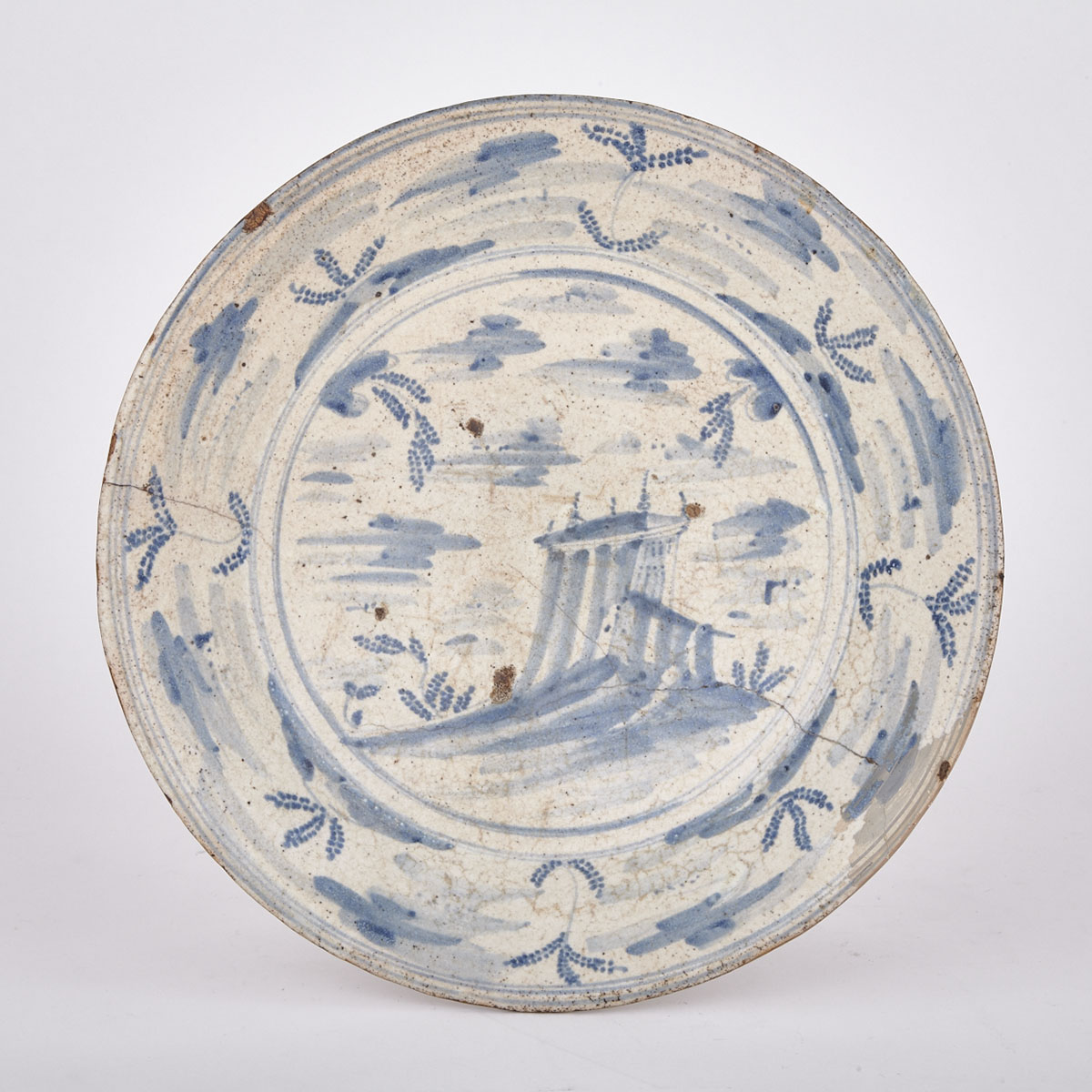 Large Blue and White Ceramic Shallow Bowl, Probably Middle Eastern, 16th-18th Century