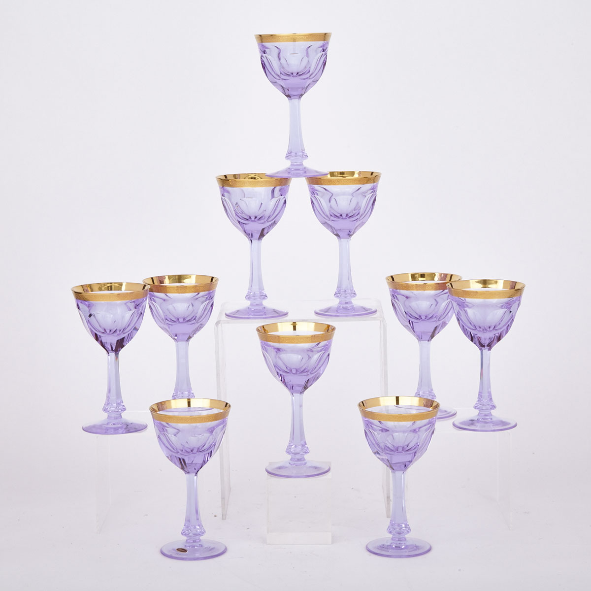Set of Ten Moser ‘Lady Hamilton’ Dichroic Gilt and Cut Glass Wine Glasses, 20th Century