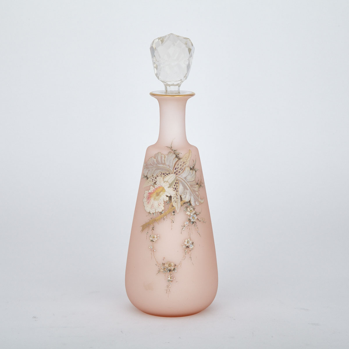 English Overlaid and Enameled Pink Glass Vase With Cut Glass Stopper, c.1880