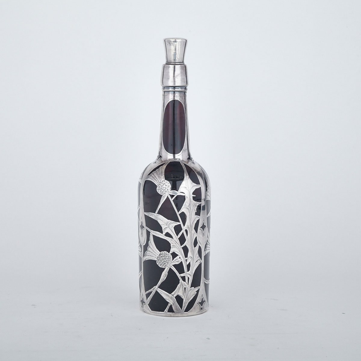 American Silver Overlaid Red Glass Bottle, c.1900