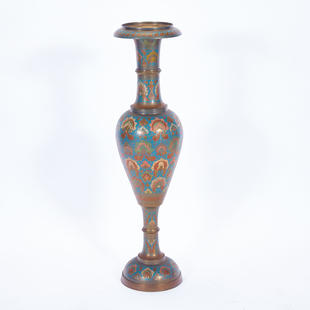 East Indian Champleve Enamelled Brass Floor Vase, mid 20th century
