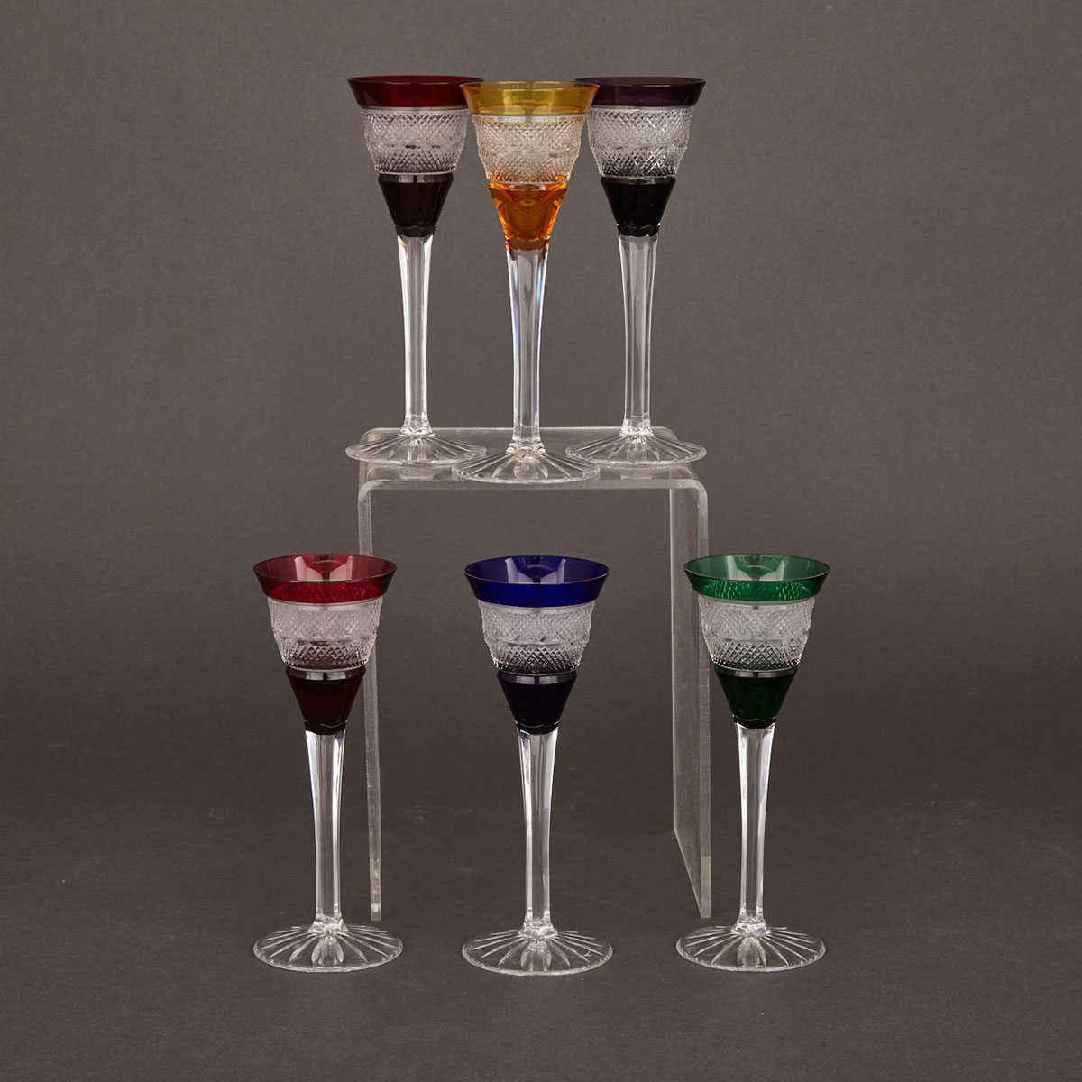 Set of Six Moser ‘Splendid’ Coloured and Cut Glass Liquer Glasses, 20th Century