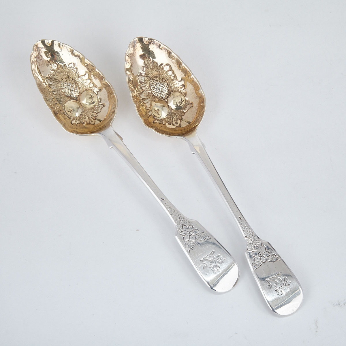 Pair of William IV Silver Fiddle Pattern Berry Spoons, Mary Chawner, London, 1834