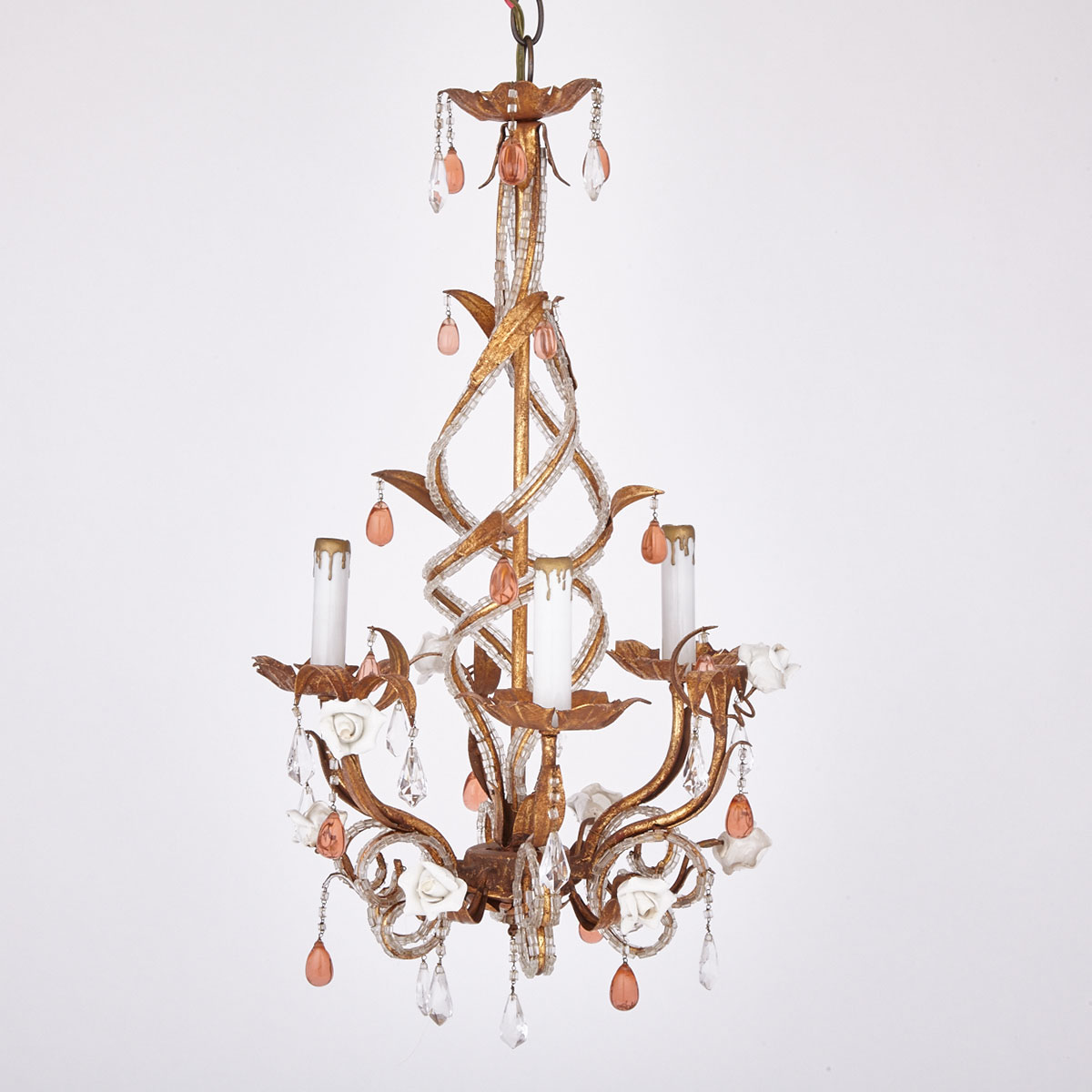 Italian Glass and Porcelain Mounted  Three Light Hall Chandelier, mid 20th century