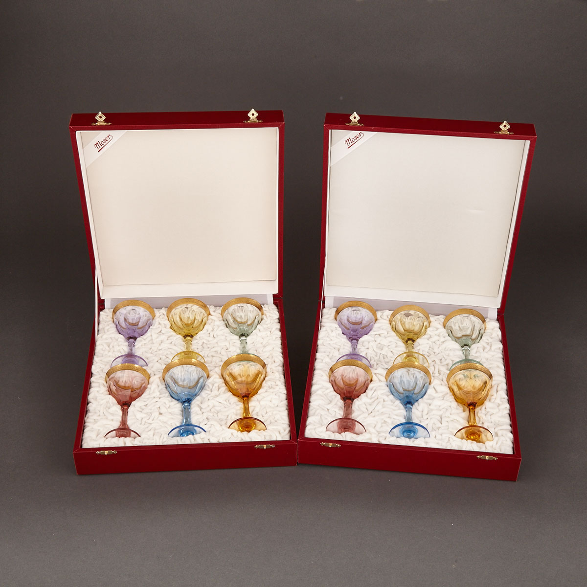 Set of Twelve Moser ‘Lady Hamilton’ Gilt, Cut and Coloured Glass Liqueur Glasses, 20th century