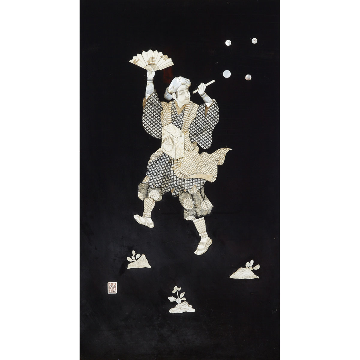 Pair of Bone and Mother-of-Pearl Inlay Panels of Entertainers, Japan, Circa 1900 