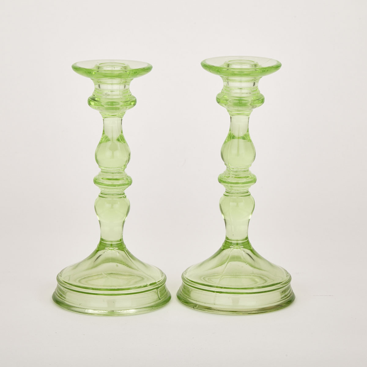 Pair of Green Uranium Glass Candlesticks, c.1930
