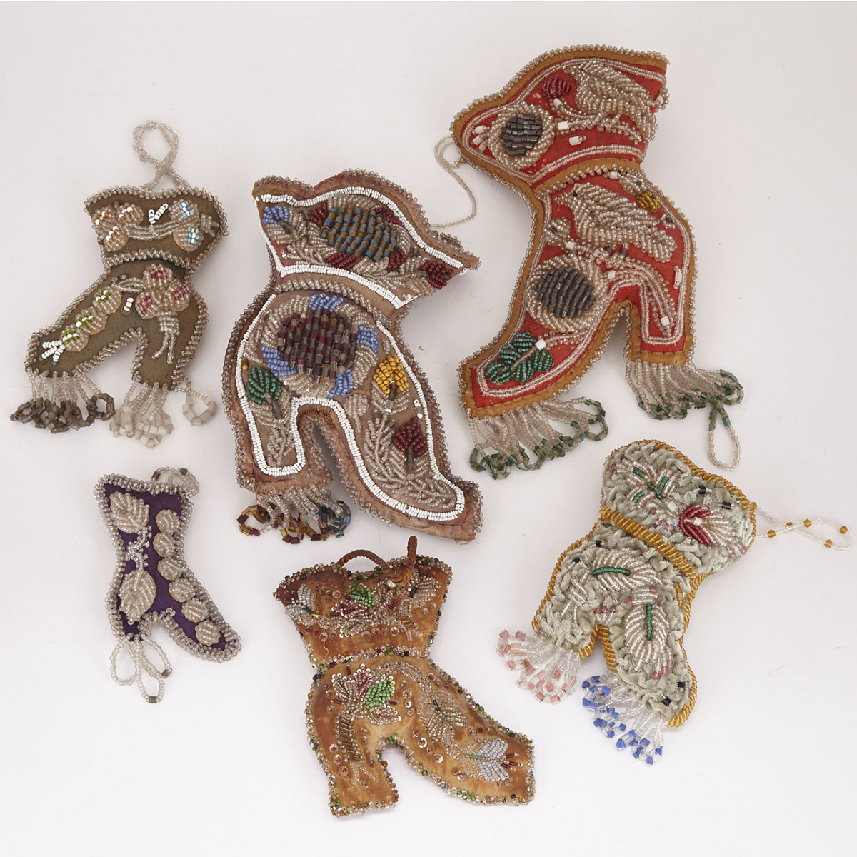 Six Iroquois Beaded Boot Form Pin Cushion Whimsies, late 19th/early 20th century