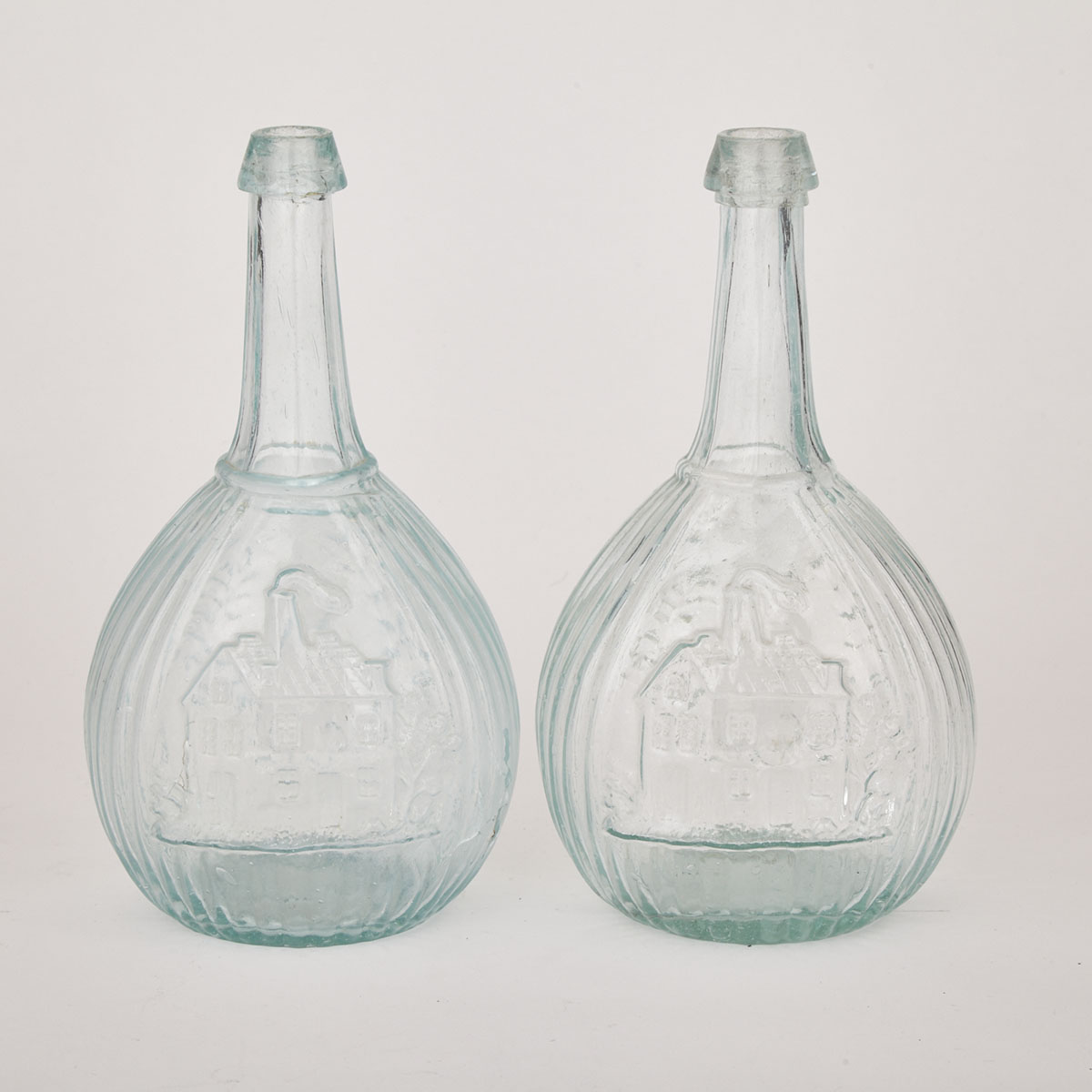 Two Jenny Lind Portrait Calabash Flasks, Whitney Glass Works, c.1850