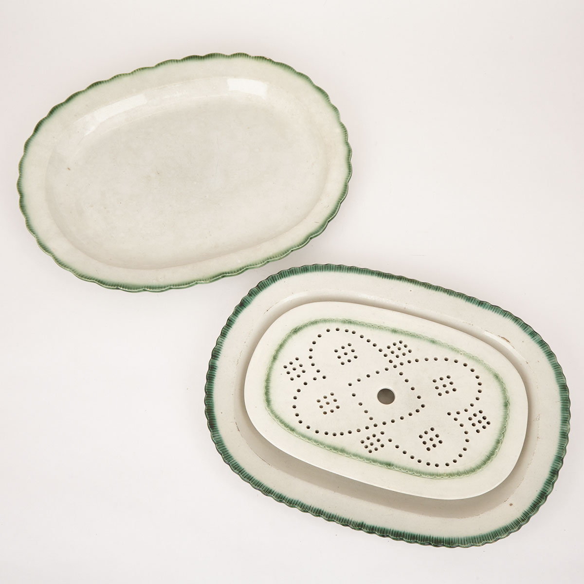 Two Davenport Pearlware Green Featheredge Platters and a Mazarine, mid 19th century