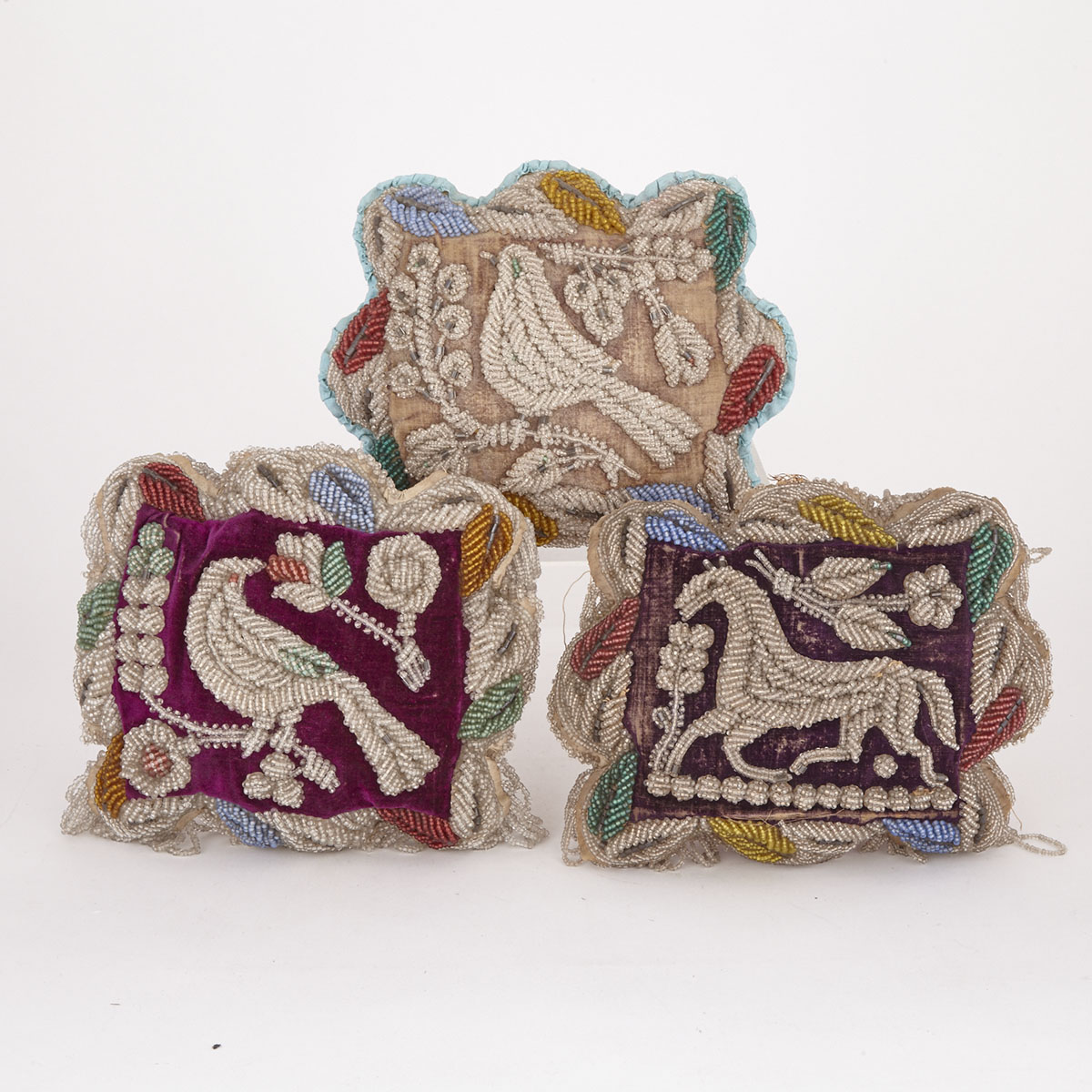 Three Large Iroquois Beaded Pin Cushion Whimsies, late 19th/early 20th century
