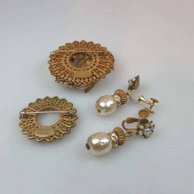 Two Miriam Haskell Brooches And A Pair Of Screw-back Drop Earrings
