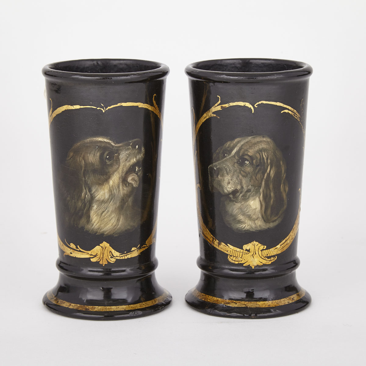 Pair of Victorian Black Lacquered Paint Decorated Papier Maché Spill Vases, mid 19th century
