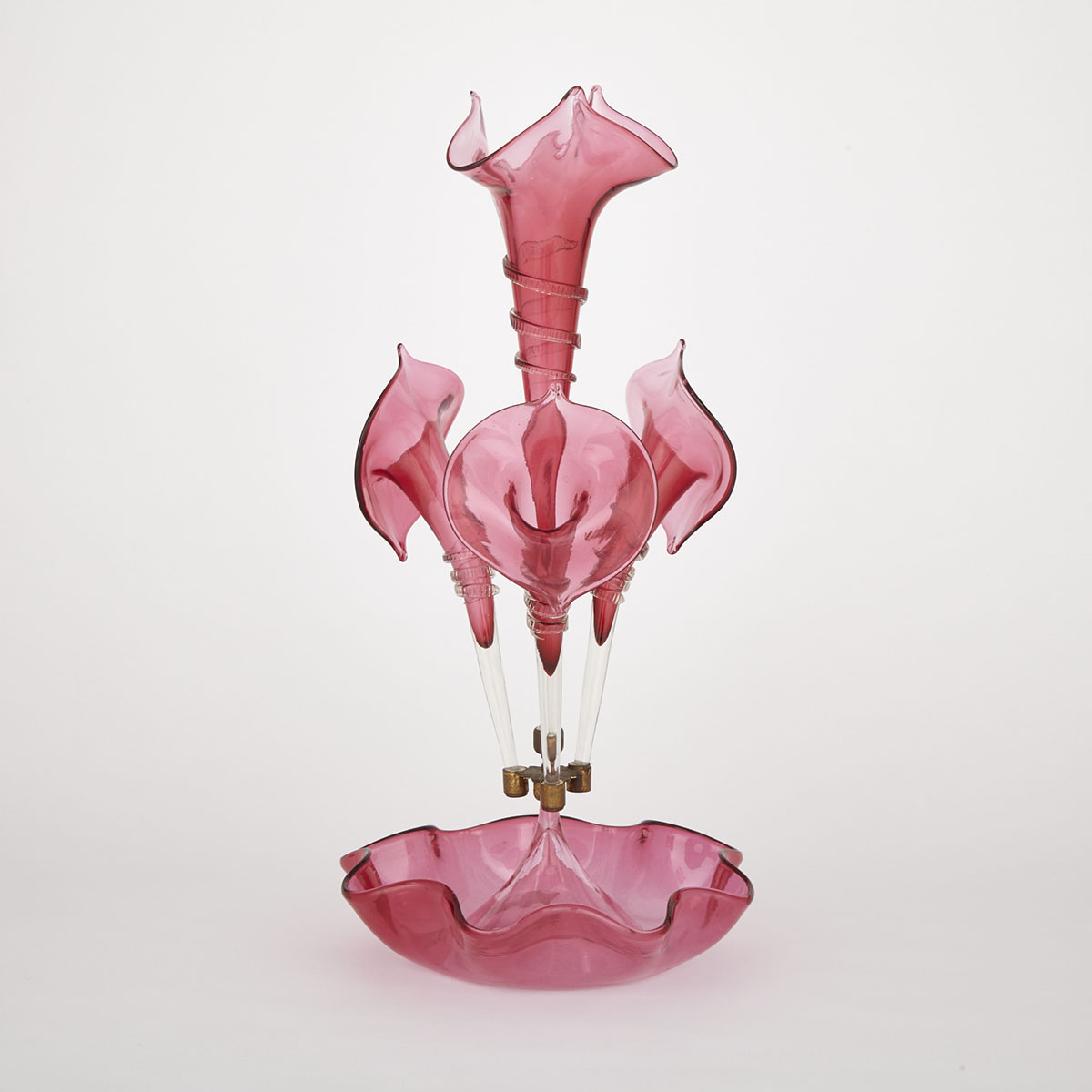 English Cranberry Glass Epergne, late 19th century