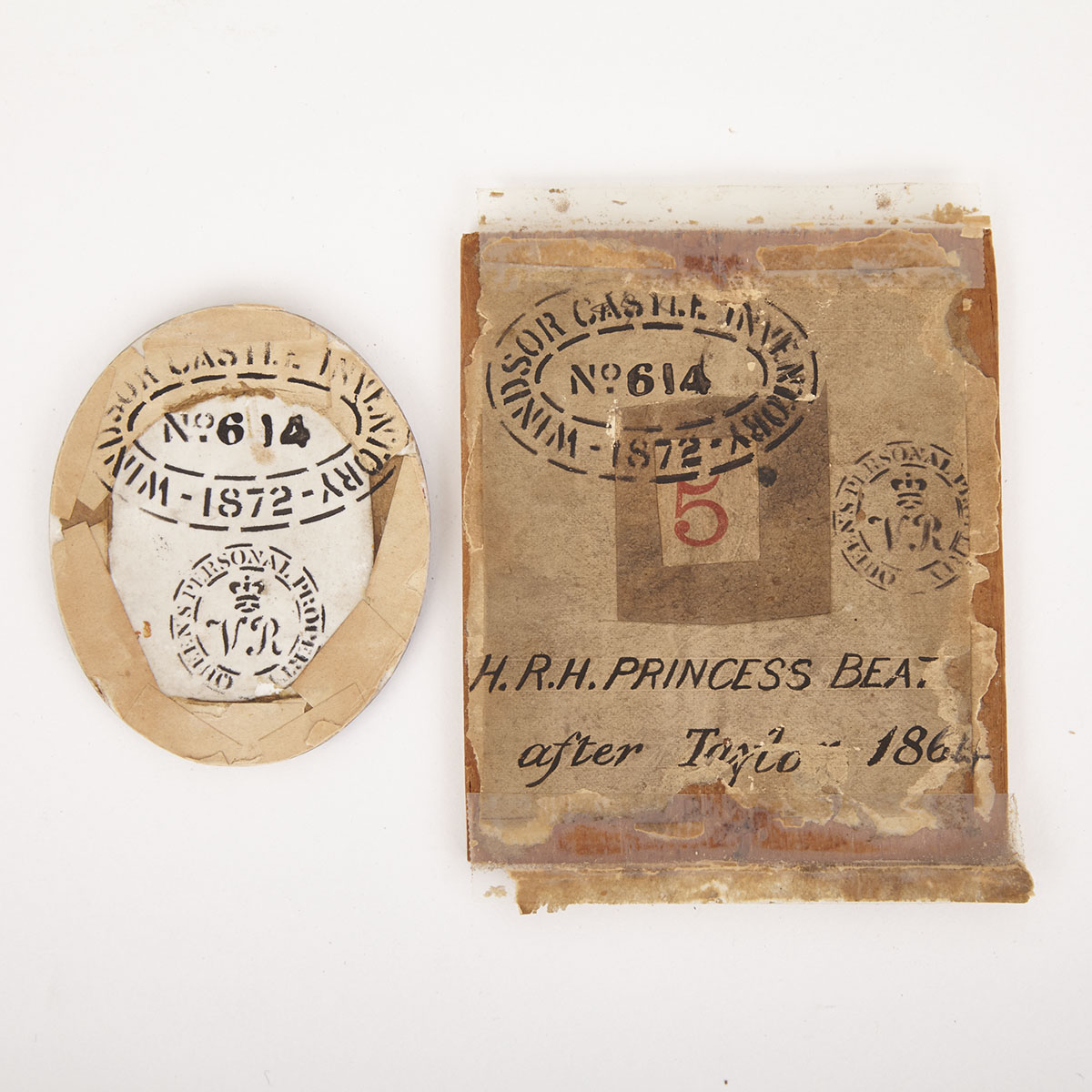 German Porcelain Oval Portrait Plaque of Princess Beatrice, after Edward Taylor, 1864, with Queen’s Personal Property and Windsor Castle Inventory Stamps, 1872