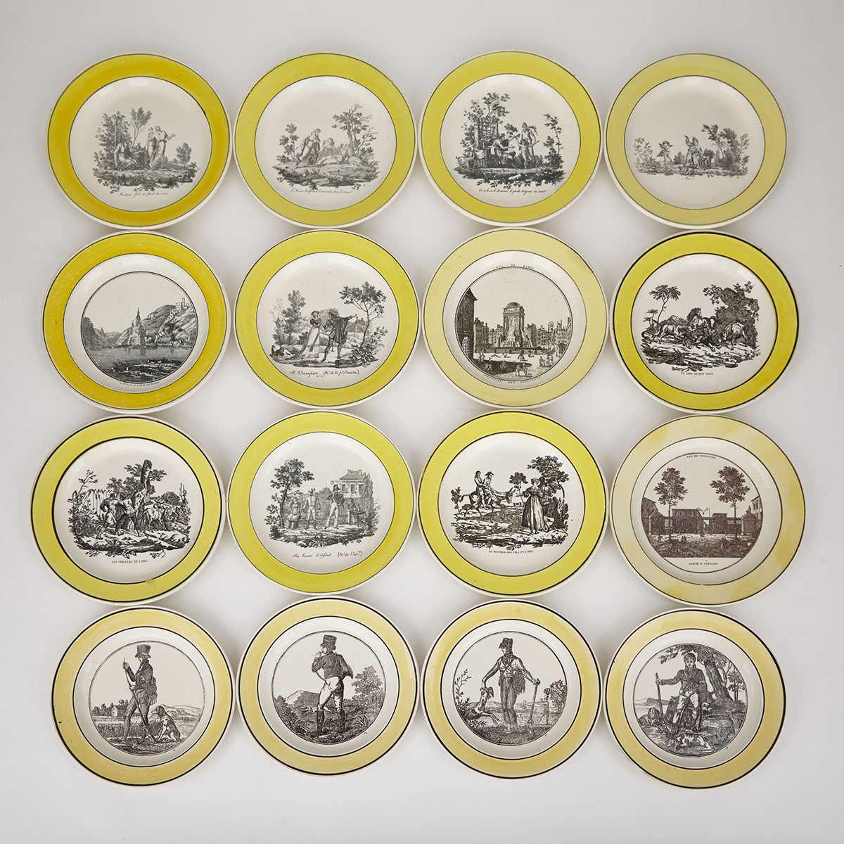Sixteen Creil, Montereau and Choisy-le-Roi Yellow Banded Creamware Plates, 19th century 
