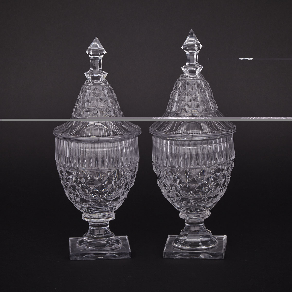 Pair of Anglo-Irish Cut Glass Sweetmeat Vases with Covers, 19th century