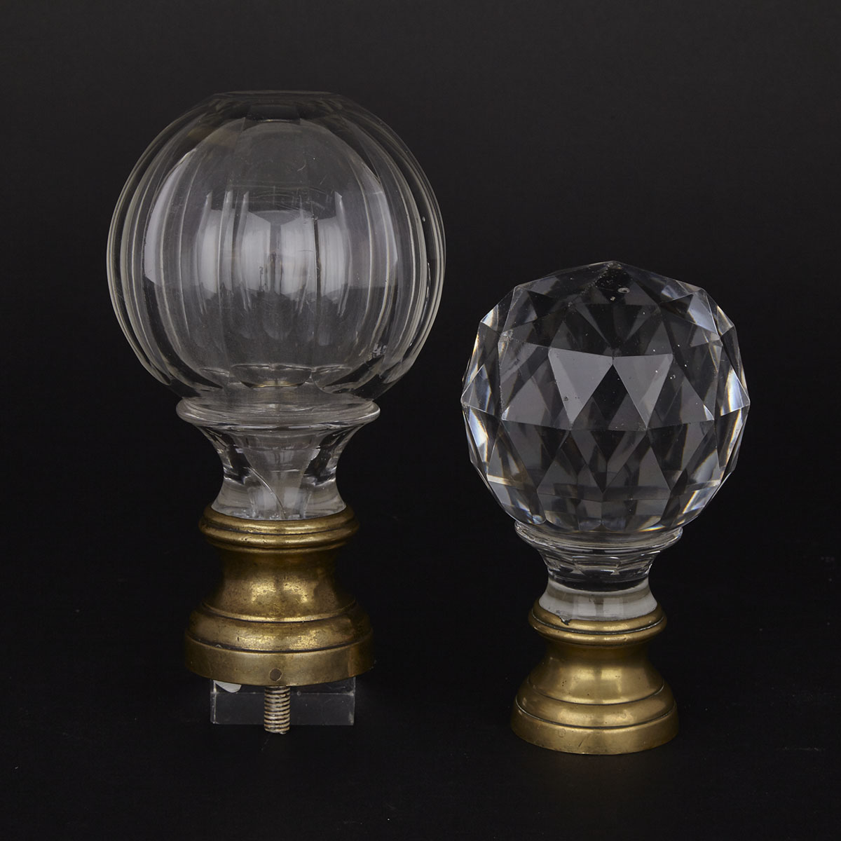 Two French Cut Clear Glass Newel Post Finial Balls, mid 19th century