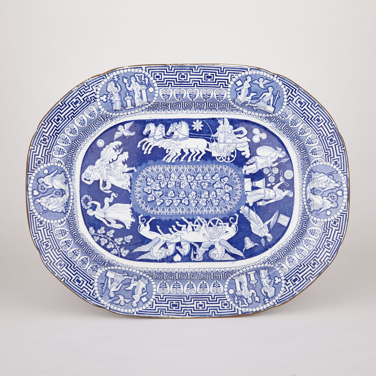 English Blue Printed Pearlware ‘Greek’ Pattern Oval Platter, probably Herculaneum, early 19th century
