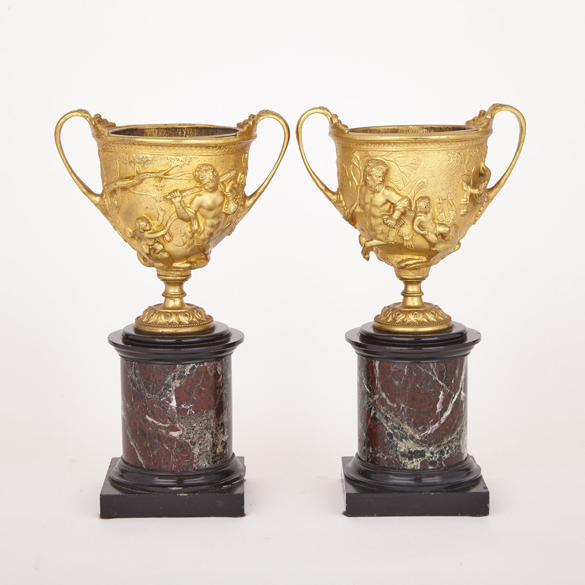 Pair of French Neoclassical Gilt Bronze Mantle Urns, 19th century