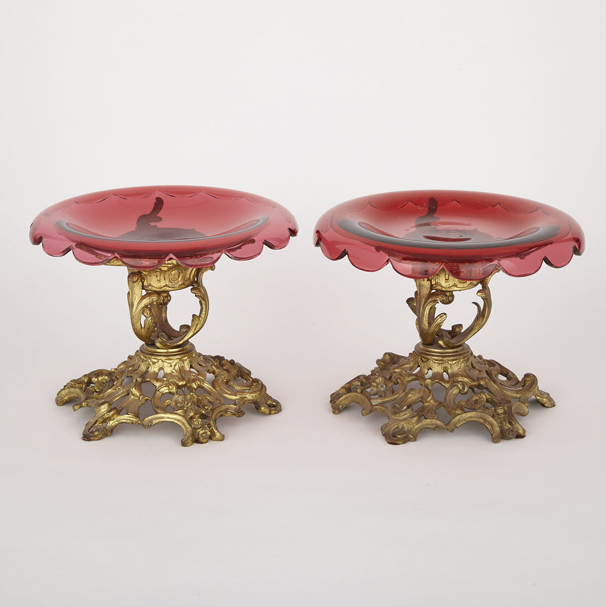 Pair of Cut Ruby Glass Compotes on Ormolu Stands, mid 19th century