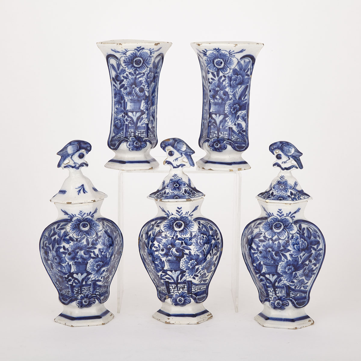 Dutch Delft Garniture of Five Vases, 18th century