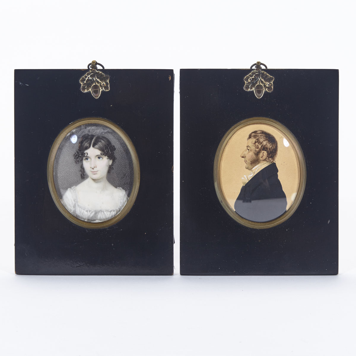 Associated Pair of Canadian School Portrait Miniatures of Pierre-Jean de Sales Laterrière and His Wife Mary Anne Bulmer, early 19th century