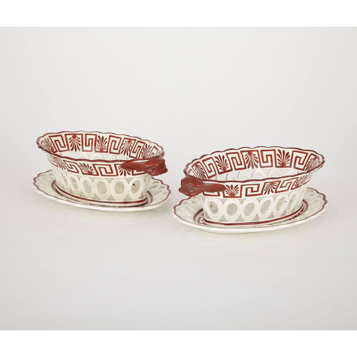Pair of Spode Creamware Oval Baskets and Stands, c.1810 