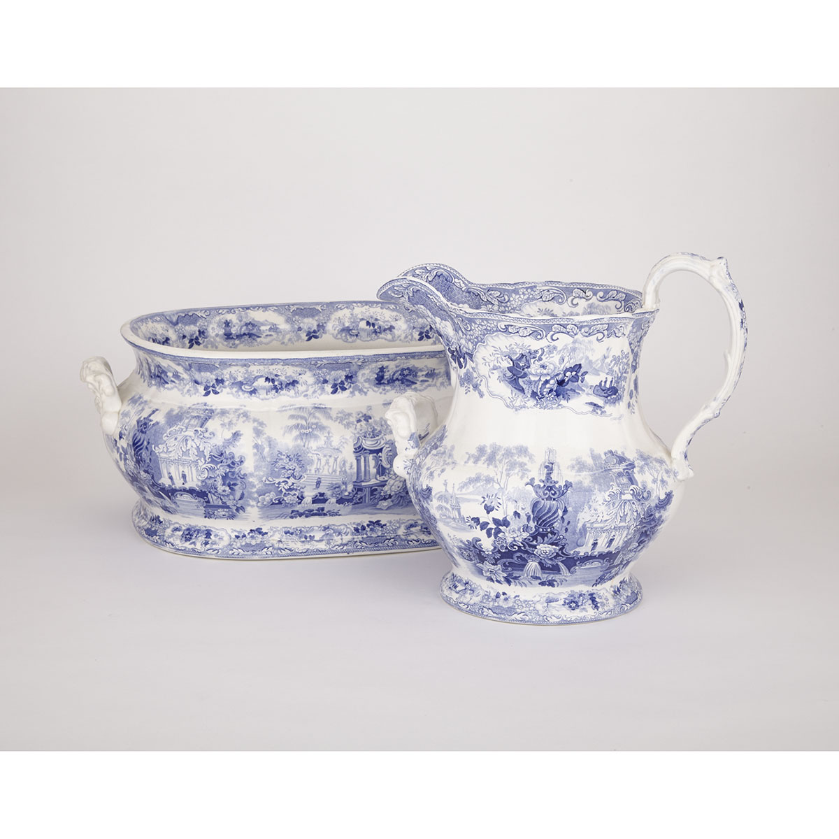 English Blue Printed ‘Sicilian’ Pattern Foot Bath and Water Pitcher, probably Pountney & Allies of Bristol, c.1830-40