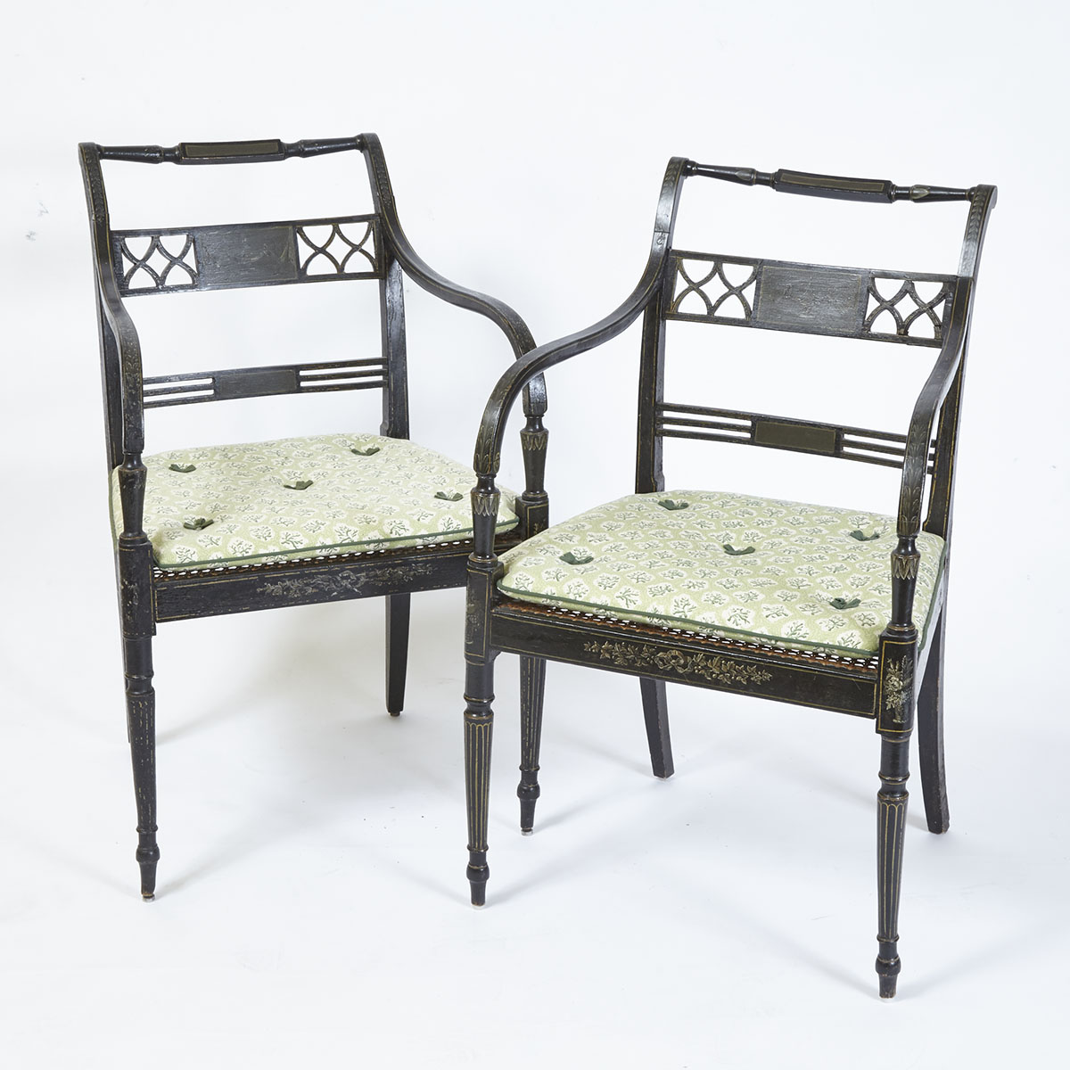 Pair of Regency Ebonized Open Armchairs, English, early 19th century